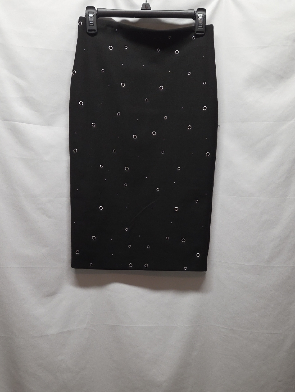 Elizabeth and James Black Pencil Skirt with Silver Eyelets Minimalist Lawyer